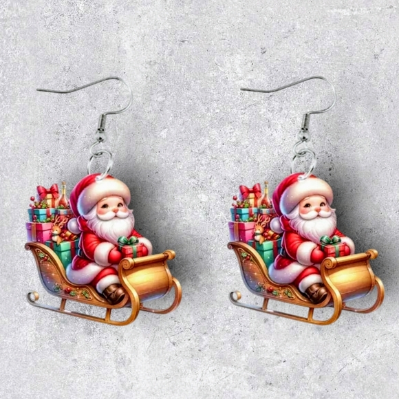 NEW Acrylic Santa Claus On Sleigh Dangle Earrings - Picture 2 of 9